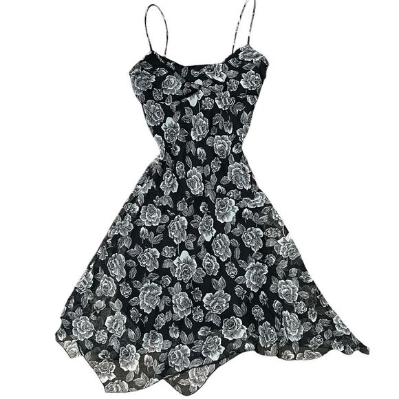 VTG Y2K B Darlin Black & Grey Floral Rose Pattern Ruffle Fairy Midi Dress 7/8 - Picture 1 of 6